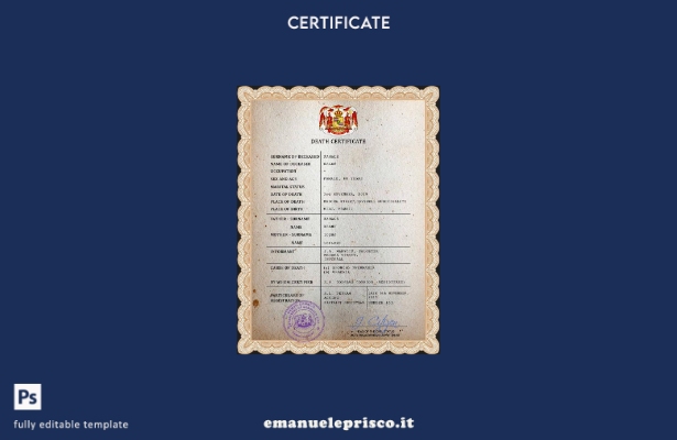 modello PSD del certificato di morte del documento di stato civile delle Hawaii 